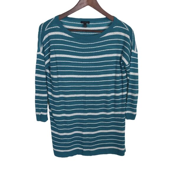 Talbots Teal White Linen Blend Knit 3/4 Sleeve Striped Sweater Women's Size XS - Picture 1 of 4